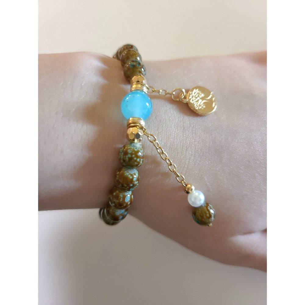 Brown Beaded Braceley Gold Color Tree of Life Blue Bead Boho Bohemian Hippie